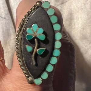 Vintage Turquoise Onyx Sterling Silver Unisex Ring 8